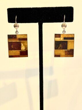 Artisan Glass Inlay Drop Earrings - Geometric Tortoise & Amber Tones